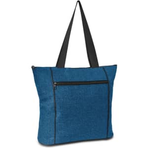 Avenue Elite Tote Bag in blue fabric with black straps and a front zip pocket. Features branding on the bag.