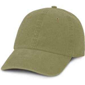A faded olive green cap featuring a curved brim and a simple design, with a logo on the front.