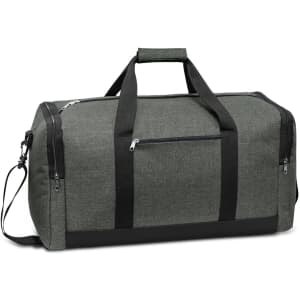 A dark green duffle bag with black accents, featuring a shoulder strap and zippered pockets. It has a logo on it.