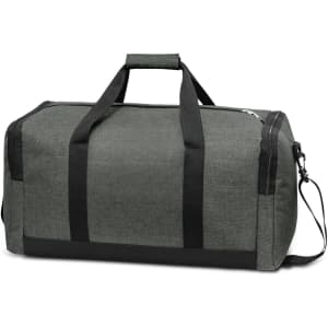 A duffle bag in a textured gray fabric with black accents, featuring sturdy handles and a removable shoulder strap.