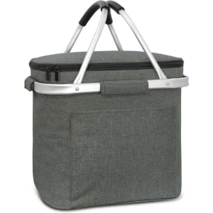 A green cooler basket with a zippered top and silver handles, featuring a front pocket.