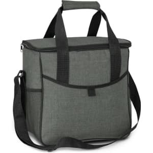 A green cooler bag with a zip closure, carrying handles, and a shoulder strap, featuring a side pocket.