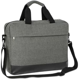 A grey business satchel with black accents, featuring adjustable straps and a clean, minimalist design.