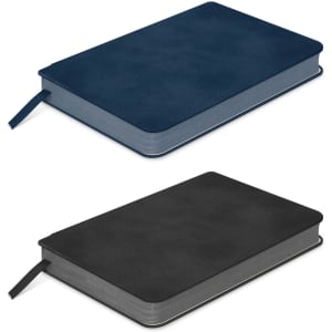 A small notebook featuring a navy blue and black cover, with a ribbon bookmark and branded logo.
