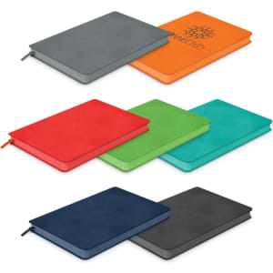 A medium notebook featuring various colours: grey, orange, red, green, turquoise, and navy, with a logo on the cover.