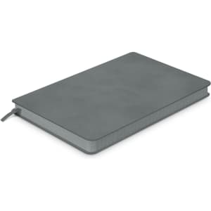 A medium-sized notebook in a sleek grey finish with an elastic closure and a ribbon bookmark.