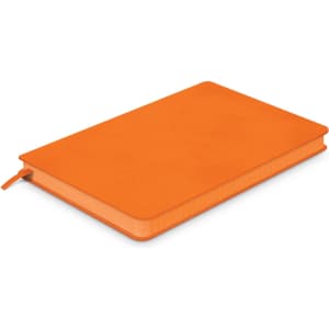 An orange medium notebook with a smooth cover and a ribbon bookmark. Contains a logo on the cover.