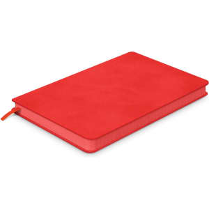 A red medium notebook with a textured cover and a ribbon bookmark, featuring a logo on the front.