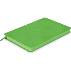 A medium green notebook with a textured cover and a ribbon bookmark, featuring a logo on the front.
