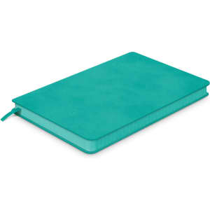 A medium turquoise notebook with a smooth finish and a ribbon bookmark, featuring a subtle branding logo.