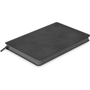 A medium black notebook with a textured cover and a ribbon bookmark, featuring a small logo on the front.