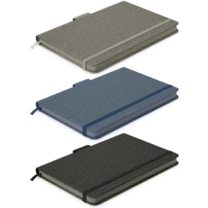 Three notebooks featuring a textured cover in grey, blue, and dark grey, each with an elastic band closure and ribbon marker.