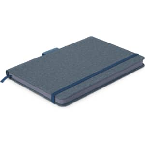 A teal notebook with a textured cover, an elastic band, and a matching ribbon marker. It features a logo on the cover.
