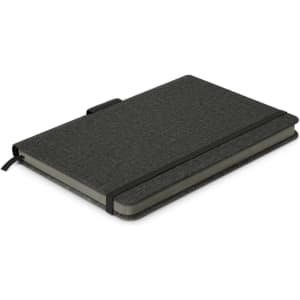 A dark green notebook with a textured cover, featuring an elastic band and a ribbon bookmark. It has a logo on the front.