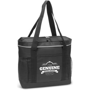 A black cooler tote bag with mesh side pockets and a logo on the front. Features sturdy dual handles.
