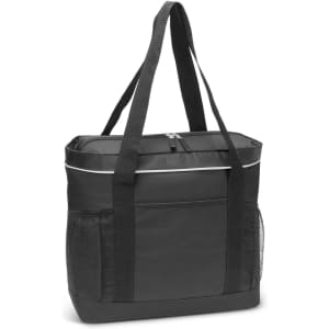 A black cooler tote bag with a zip closure, featuring two handles and mesh side pockets.