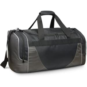 A black and grey duffle bag with multiple compartments and a logo, featuring sturdy handles and a shoulder strap.