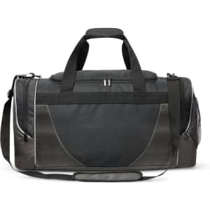 A black and dark grey duffle bag with a shoulder strap and side mesh pocket, featuring a logo.