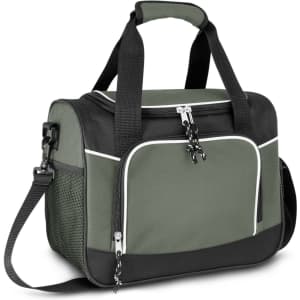 A green and black cooler bag featuring a zipped compartment, carrying handles, and a detachable shoulder strap.