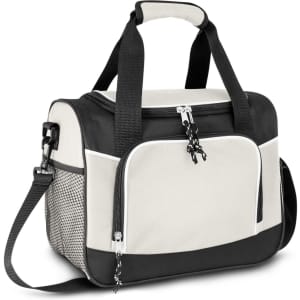 A grey and black cooler bag with a removable shoulder strap and mesh side pockets, featuring a logo.