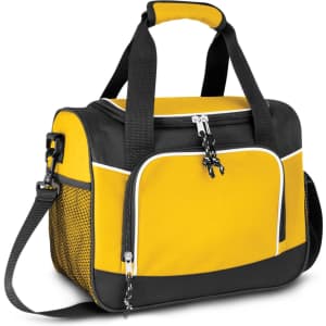 A yellow cooler bag with black accents, featuring a front pocket, top handles, and a detachable shoulder strap.