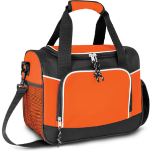 An orange and black cooler bag with a zipper, adjustable strap, and a mesh side pocket. It has a logo.