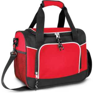 A red and black cooler bag with a zippered compartment, featuring a mesh side pocket and dual handles.
