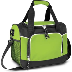 A green and black cooler bag with handles, a shoulder strap, and a mesh side pocket. It has a logo on the front.