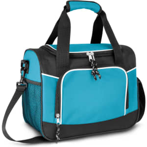 A teal and black cooler bag with a zippered compartment, sturdy handles, and a crossbody strap. It features mesh side pockets.