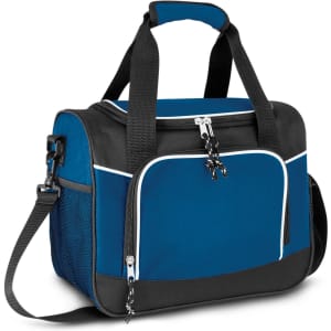 A cooler bag in navy blue with black accents, featuring a zippered top and adjustable shoulder strap.
