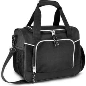 A black cooler bag with a front pocket, carrying handles, and a detachable shoulder strap. It has a logo on it.