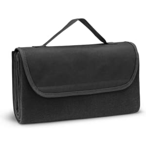 A Yukon Fleece Blanket in a compact, foldable design with a carrying handle, featuring a black, soft fleece exterior.