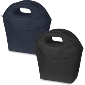 A Frost Cooler Bag in navy blue and black, featuring a handle and a front pocket. The bag has a logo.