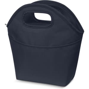A dark navy cooler bag with dual handles and an open top, featuring a front pocket for extras.