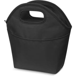 A black cooler bag with dual handles and a zipper, featuring a front pocket and a simple design.