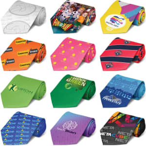 A collection of twelve ties in various vibrant colours and patterns, including designs with logos and playful motifs.