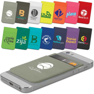 A range of Lycra phone wallets in various colours displayed on a smartphone, each featuring different logos.
