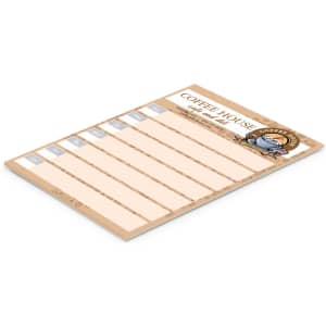 A5 note pad with 25 leaves, featuring a light beige design and a branding logo.