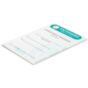 A notepad with a white cover featuring a logo, designed for appointment reminders, and has 25 leaves.