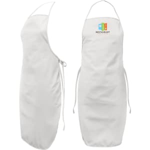 A white bib apron featuring a logo, with ties at the waist and a neck loop for adjustable fit.