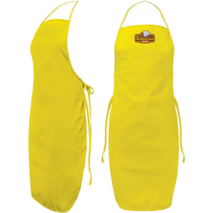 A bright yellow bib apron with an adjustable neck strap and a tie at the waist, featuring a branding logo.