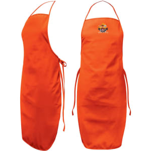 An orange bib apron featuring a logo, designed for workwear use, with adjustable ties at the waist.