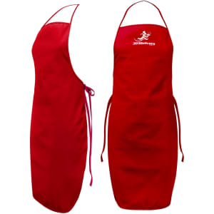 A red bib apron with a logo, featuring a halter neck and adjustable ties on the side.