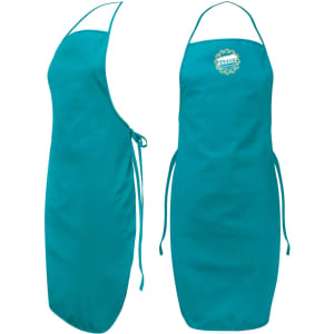 A turquoise Ritz Bib Apron with a logo, featuring a simple design and adjustable ties at the waist.