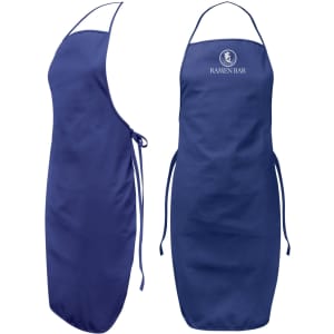A navy blue bib apron featuring a logo, with ties at the waist and a neck strap for adjustment.