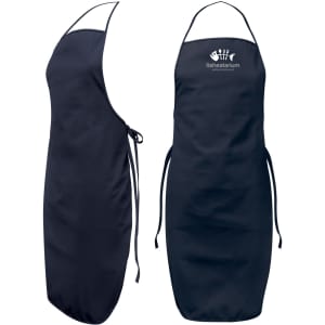 Navy blue apron with a logo, featuring ties at the waist and a simple design for workwear use.