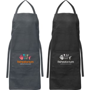 A black and a grey bib apron, both featuring logos, designed for workwear use.
