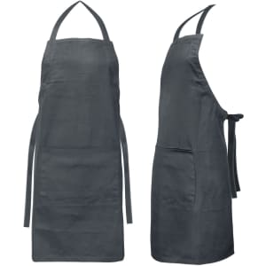 A dark grey Savoy Bib Apron with adjustable ties and front pockets, featuring a logo.