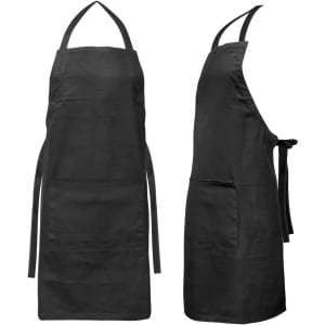 A black Savoy Bib Apron featuring a front pocket and ties at the waist and neck. Includes a logo.