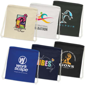 A collection of cotton drawstring backpacks in cream, navy, and black, featuring various logos and designs.
